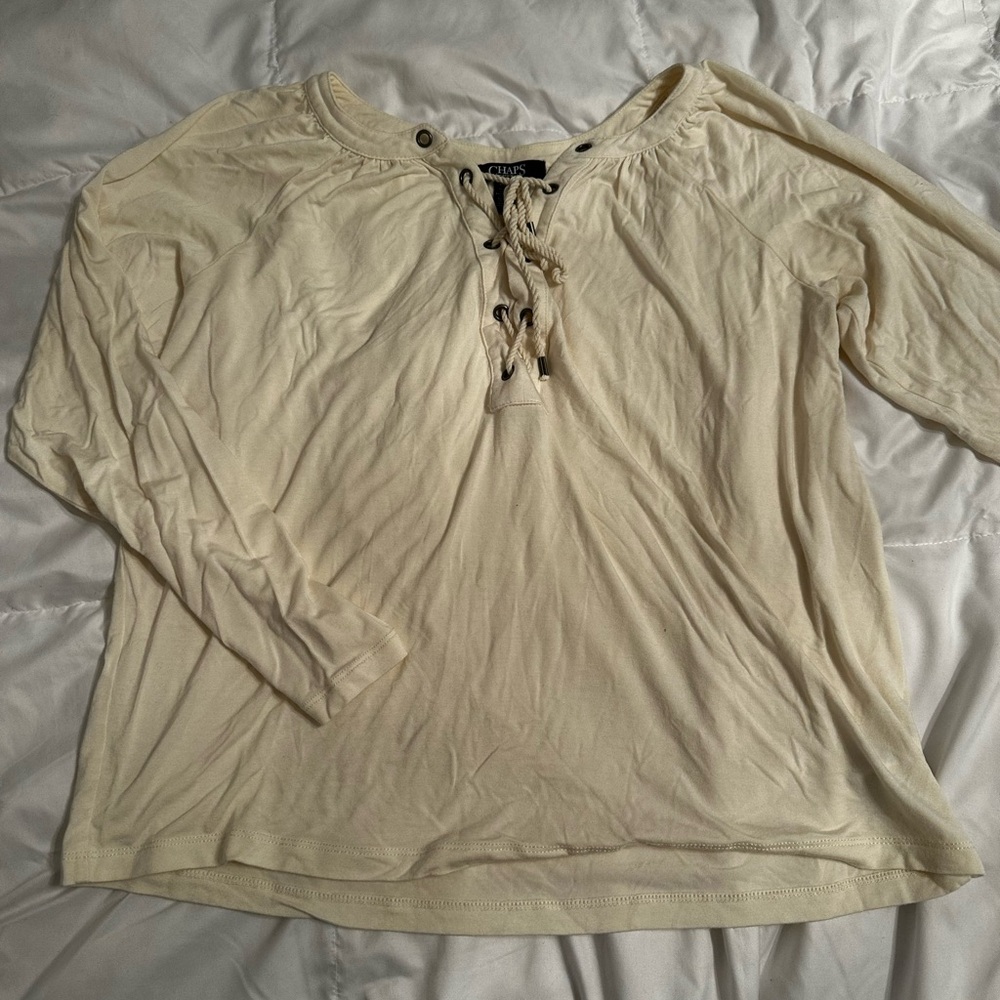 Chaps knit poet top with rope grommet details. Size small. Beige